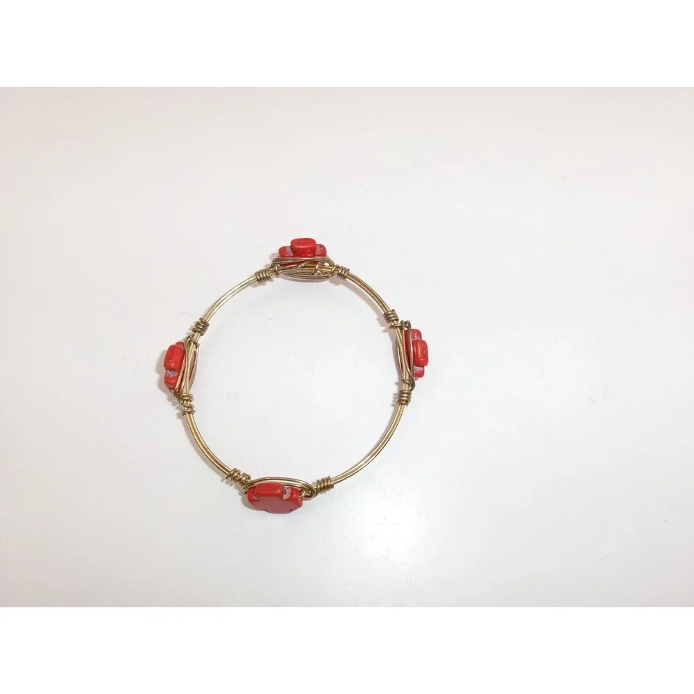 Red Maltese Cross Bourbon & Bowties Artisan Wired Gemstone Bracelet Unsigned